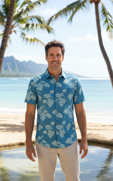 Men's Hawaiian Print Stretch Shirt - Batik Leaves | Weekender