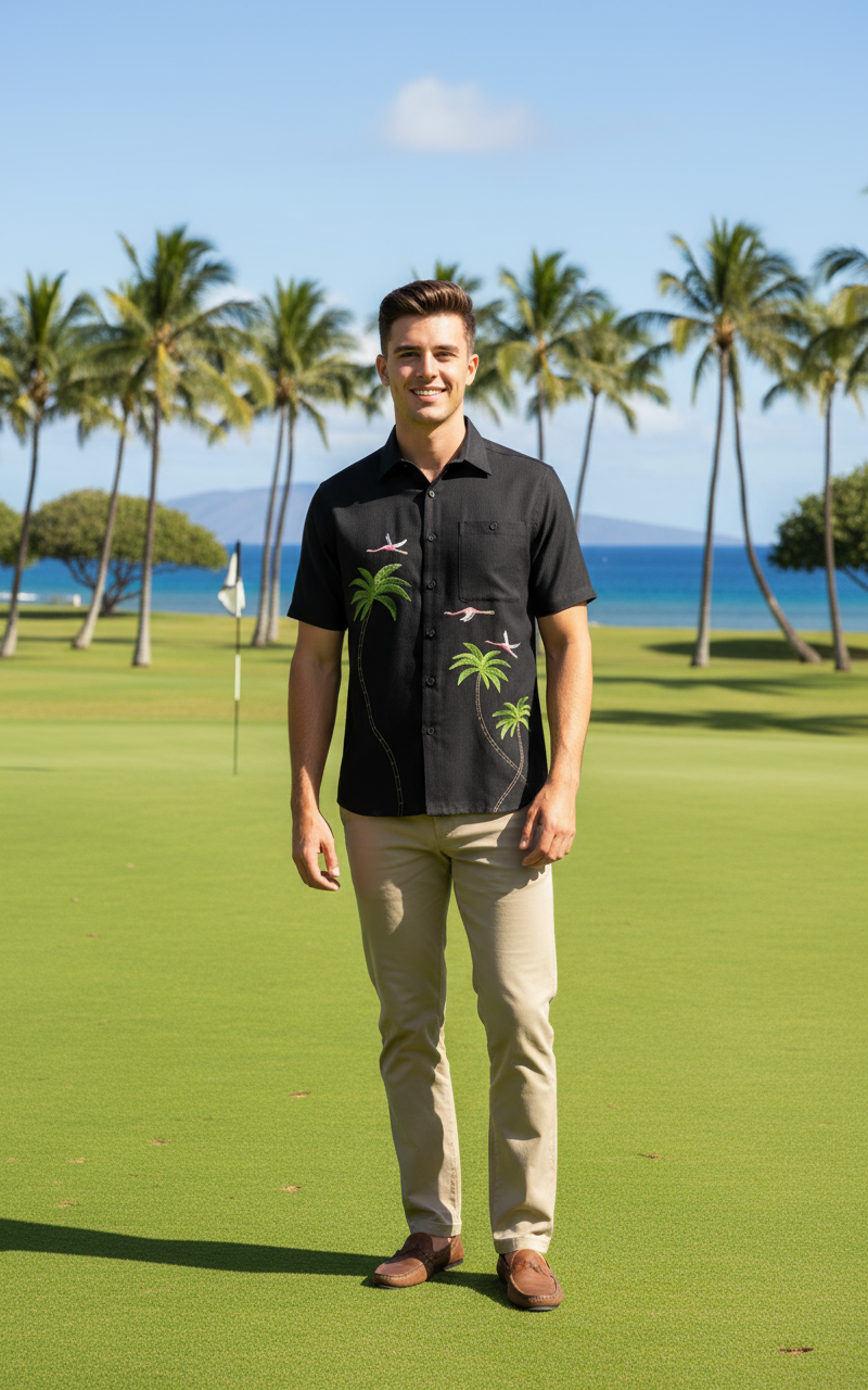 ダイカット フラミンゴ ハワイアン ダイカット フラミンゴ ハワイアン Men's Hawaiian Embroidery Shirt