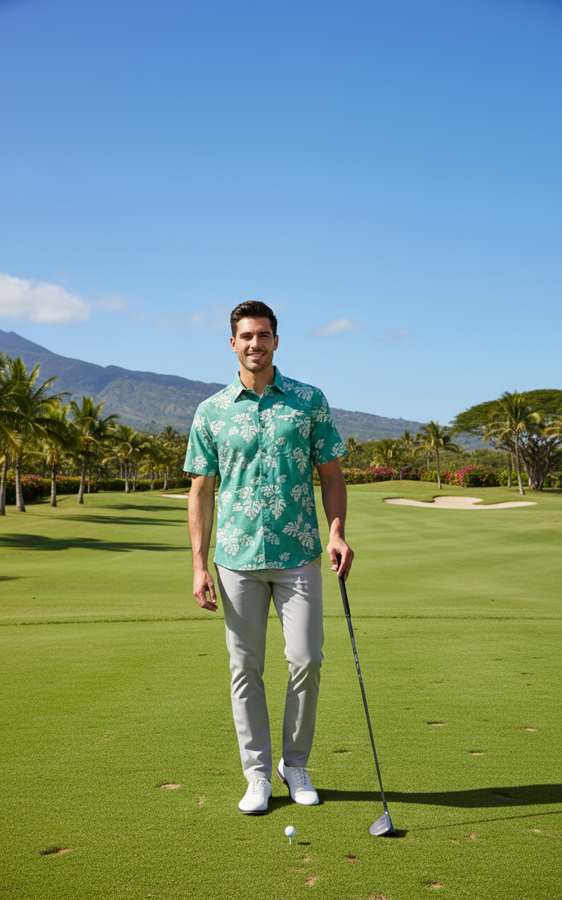 Men's Hawaiian Print Stretch Shirt - Batik Leaves | Weekender